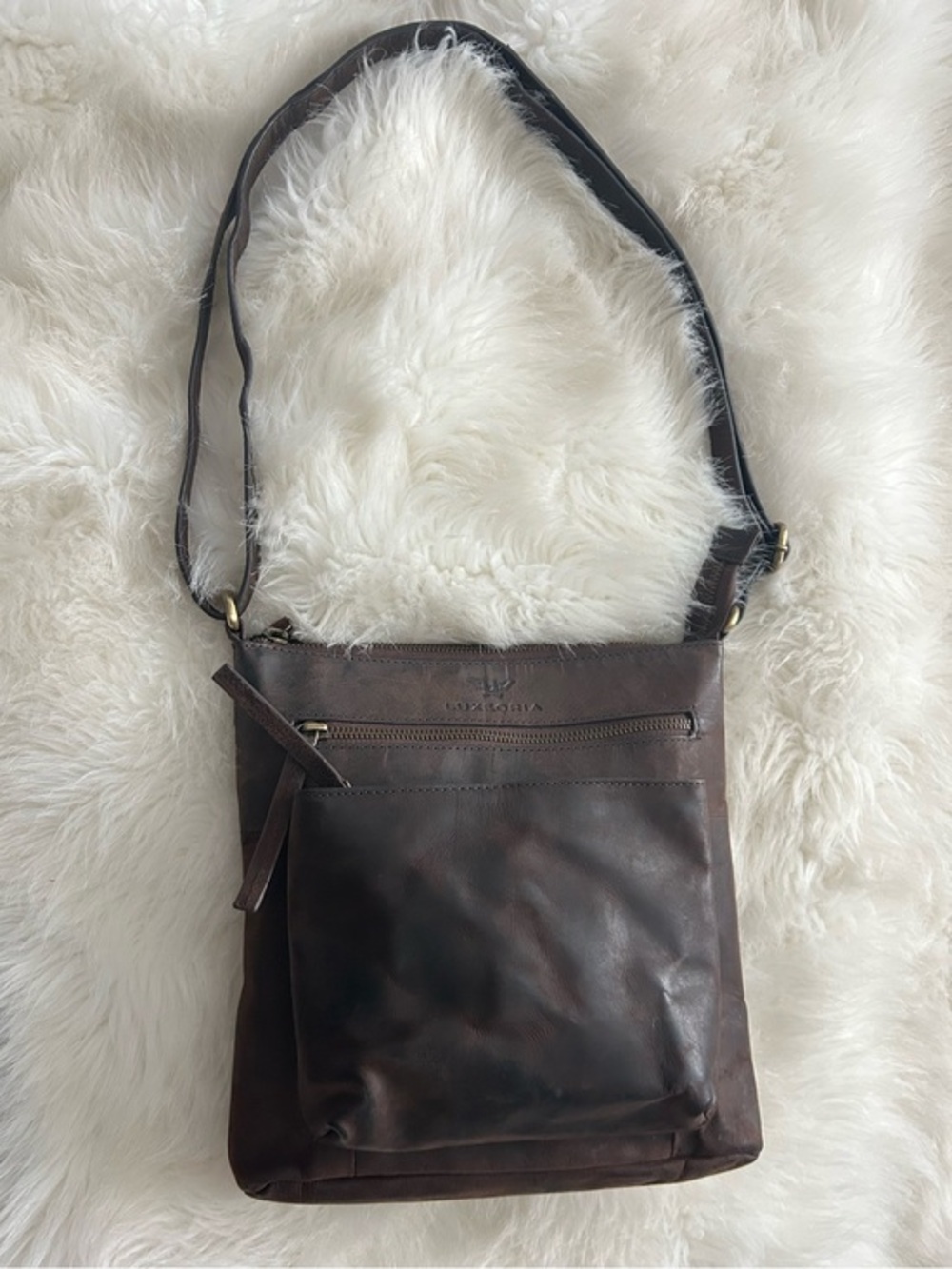 Luxeoria brown leather crossbody bag with multiple zippered compartments